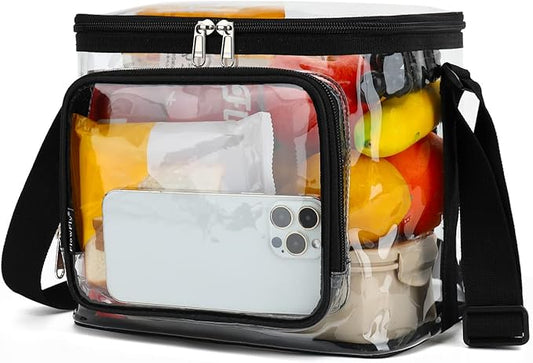 FlowFly Insulated Reusable Lunch Bag Adult Large Lunch Box for Women and Men with Adjustable Shoulder Strap,Front Zipper Pocket and Dual Large Mesh Side Pockets, Clear-NeatNest