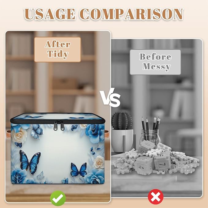 Butterfly Storage Bins with Zipper Lid, Blue Rose Lidded Storage Baskets Boxes Foldable Organizer with Leather Handles for Clothes Closet Shelf Toys-NeatNest