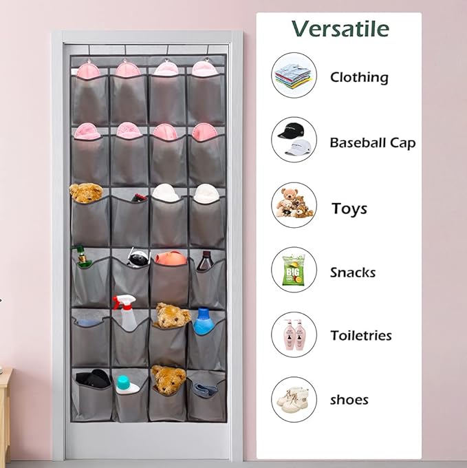 Over The Door Hanging Shoe Organizer Shoe Rack Hanger 24 Large Fabric Pockets Holder with 4 Sturdy Hooks (GREY)-NeatNest