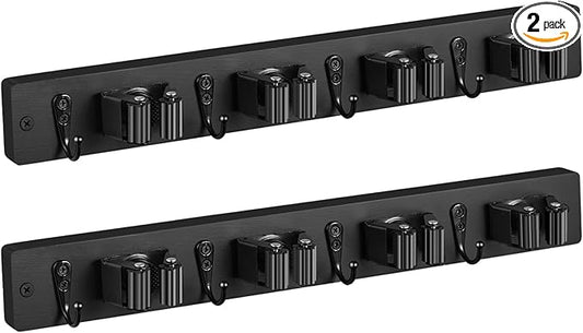 2 Pack Black Mop Broom Holder Wall Mount - Wood Broom Mop Hanger - Wall Mounted Garden Tool Rack Organizer for Closet Garage Laundry Room, 4 Slots & 4 Hooks-NeatNest
