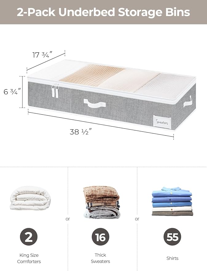 StorageWorks Extra Large Under Bed Storage Containers with Handles and Label Holder, 2 Pack Ultra-thick Fabric Underbed Bins, Closet Organizer for Clothes, Blankets, Sweater-NeatNest