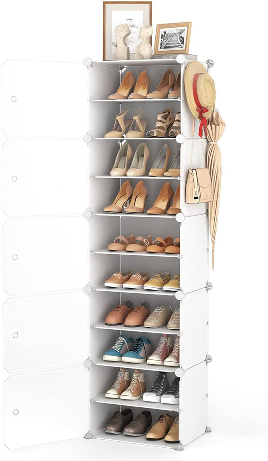 10 Tiers Tall Shoe Rack 20 Pair Shoe Organizer Narrow Shoe Rack with Door Portable Shoe Storage Cabinet with Hooks Sturdy Plastic White Shoe Shelf for Entryway and Bedroom-NeatNest