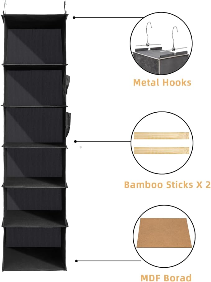 6-Shelf Hanging Closet Organizer and Storage, Collapsible Hanging Shelves for Closet with 2 Side Pockets, Hanging Shoe Organizer to Saving Space,Black-NeatNest