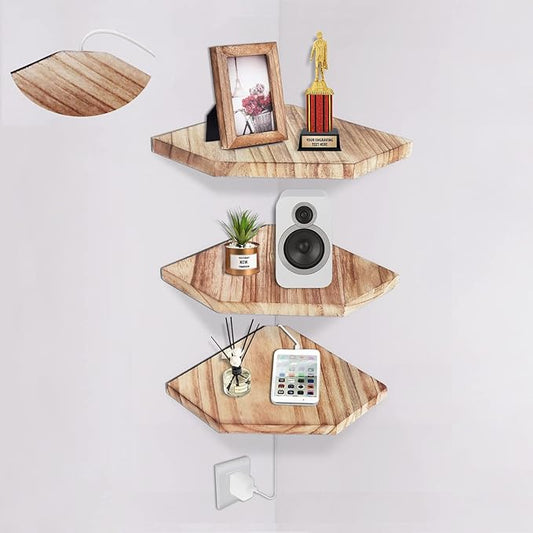 HAO Floating Corner Wall Shelves Small Rustic Wall Mounted Wood Diamond Shape Shelf with Cable Wire Hole Pattern for Bedroom Living Room Bathroom Kitchen Set of 3 Carbonized Black 7.75 Inch Dia.-NeatNest