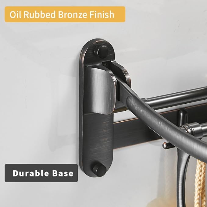 BESy 24 Inch Oil Rubbed Bronze Towel Racks, Bathroom Towel Shelf with Foldable Towel Bar Holder and Towel Hooks, Wall Mounted Multifunctional Bathroom Accessories, Double Towel Bars-NeatNest