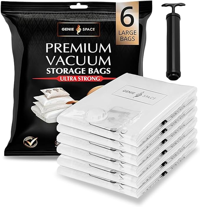 GENIE SPACE Large Vacuum Storage Bags - Pack of 6, 30x24in | Strong Space Saving Bags | Premium Airtight & Reusable Vacuum Bag for Clothes, Bedding, Towels, Cushions & More | inc Travel Pump-NeatNest