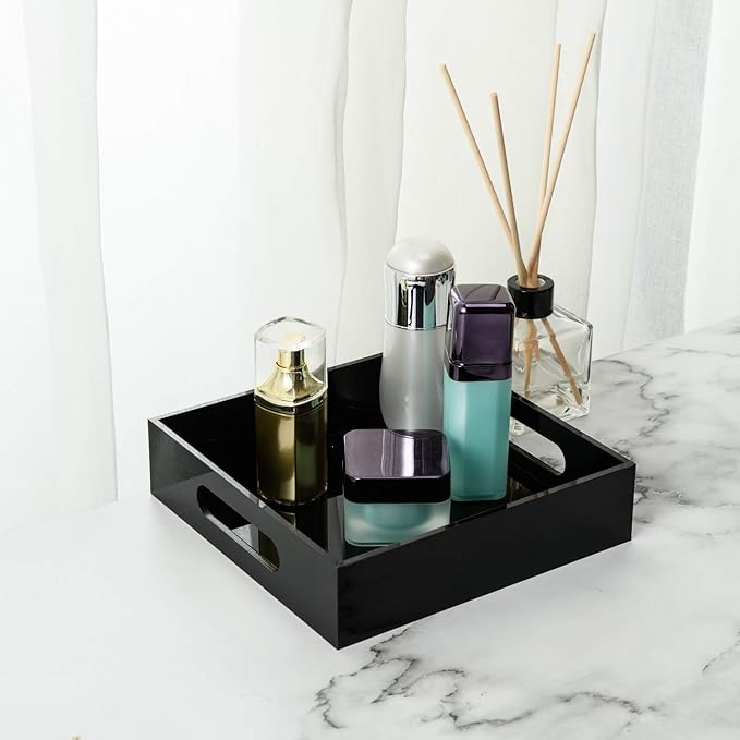 Black Sturdy Acrylic Tray with Handles-8x8 Inch- Countertop Organizer Tray for Kitchen,Bathroom,Office- Storage Box for Cosmetics, Jewelry,Toiletries,Toy,Gadgets-NeatNest