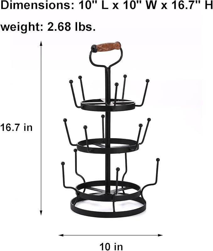 Jemeni Coffee Mug Cup Tree Rack Holder Stand for Counter with Handle, 15-Hook, Black-NeatNest