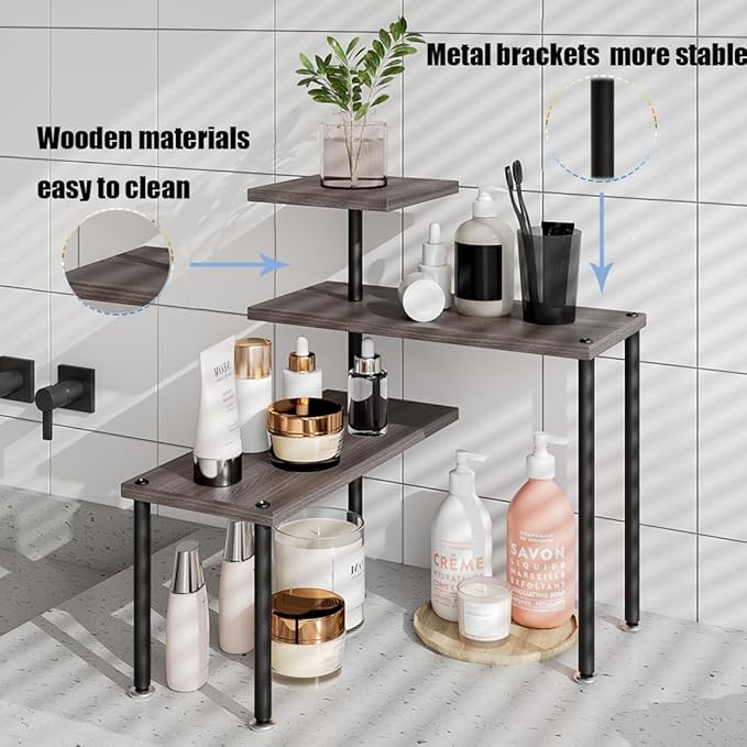 Countertop Organizer Organization 3 Tier Kitchen Corner Shelves Adjustable Spice Storage Rack for Bathroom Coffee Area Over Sink (Dark Gray Oak)-NeatNest