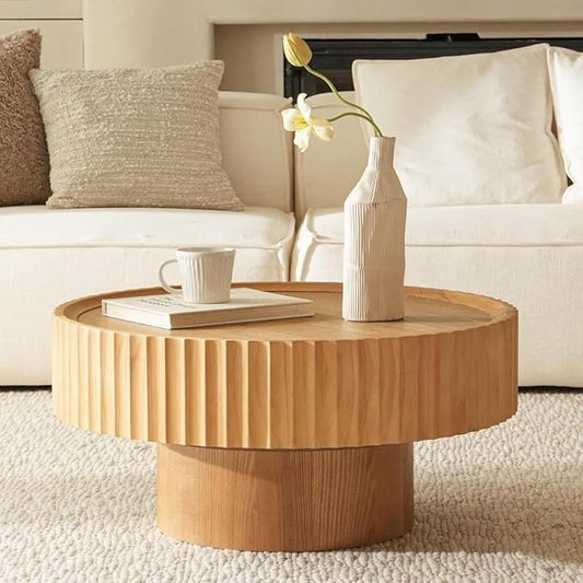 Round Wood Coffee Table - Wooden, Ribbed-Design, 30.3" Dia, 14.9" H Living Room Table, Center Table Simple Modern Style for Home Living Room Furniture (Natural Wood)