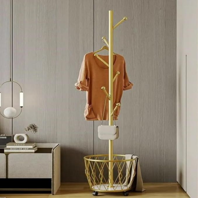 Freestanding Metal Coat Rack Stand with Basket Modern Organizer for Scarf Jacket Hat Bags Ideal for Home Entryway Bedroom Corner Stable and Moveable tree (gold)