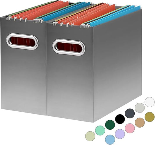 Oterri File Organizer, 2 Packs Small Storage Box, Cardboard File Folder Organizer, Collapsible File Box for Hanging File Folders Letter Size, Filing Organizer with Handle (Gradient Light gray)