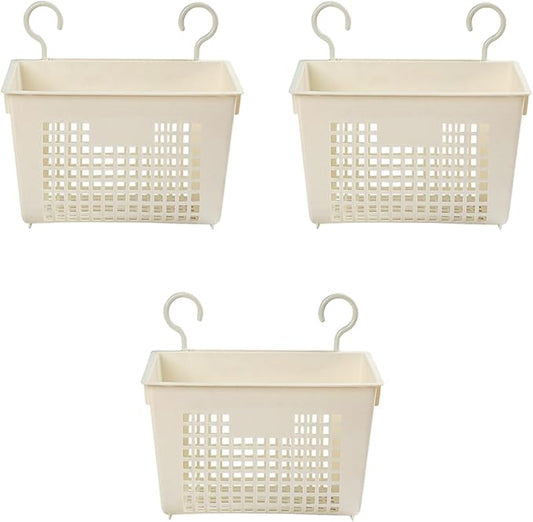 3PCS Plastic Hanging Baskets for Shower, Hanging Basket Organizer with Hooks, Rectangle 11.3Inches Small Hanging Storage Basket (Beige)-NeatNest
