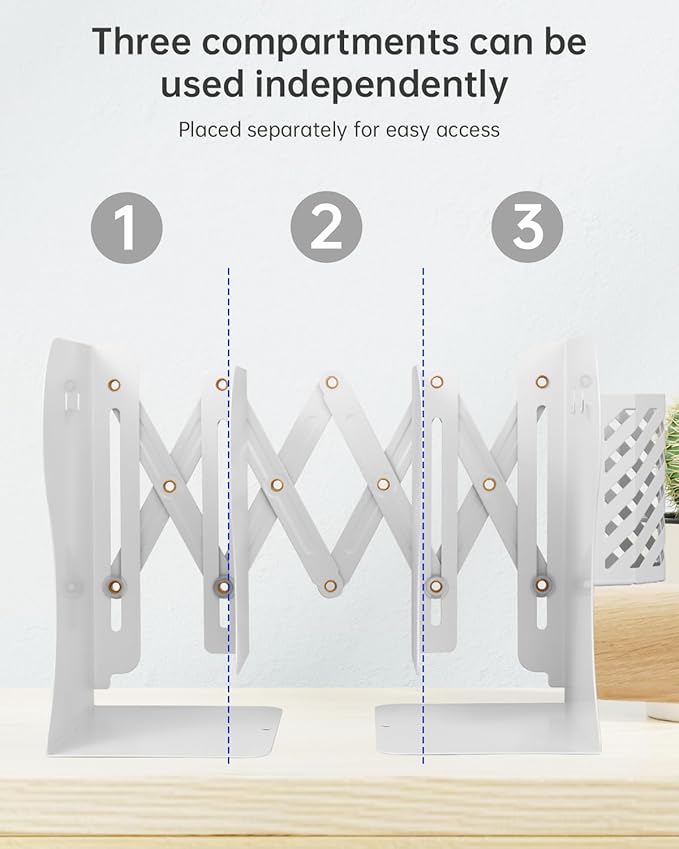 Honagu Adjustable Bookends, Metal Book Ends for Shelves Heavy Book, Desk Magazine File Organizer for Home, Office, Books, Papers, Extends up to 19 inches with Pen Holder (White)
