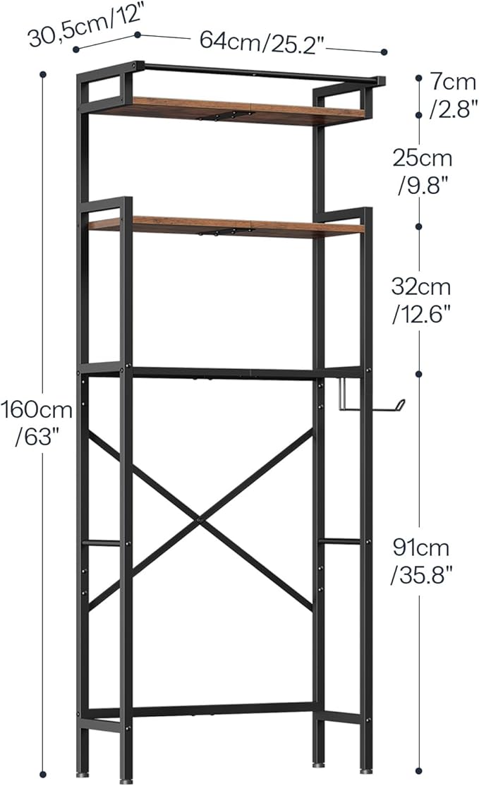 HOOBRO Over-The-Toilet Storage Rack, 3-Tier Bathroom Shelves Above Toilet, Bathroom Organizer with Toilet Paper Hook, Laundry Room, Space Saver, Rustic Brown and Black BF21TS01