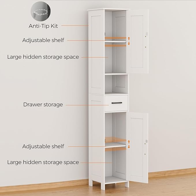 Homhedy 67" H Tall Bathroom Storage Cabinet with 2 Barn Doors and 1 Drawer, Narrow Storage Unit, Adjustable Shelves, Floor Cabinet for Bathroom, Living Room, Entryway, Kitchen, White, (11.8" W)