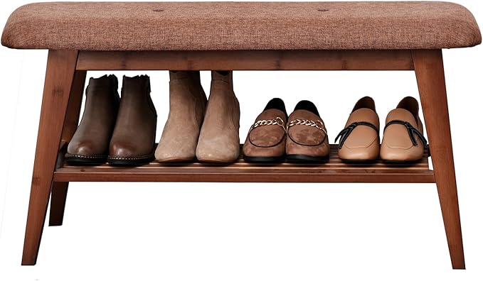 Shoe Entryway Bench, Bamboo Shoe Rack Bench, Organizer with 2 Tier Storage Simple Style Good Load Bearing, Ideal for Entryway Hallway Living Room,(Brown,35.4'')-NeatNest