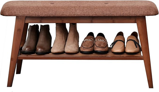 Shoe Entryway Bench, Bamboo Shoe Rack Bench, Organizer with 2 Tier Storage Simple Style Good Load Bearing, Ideal for Entryway Hallway Living Room,(Brown,35.4'')-NeatNest