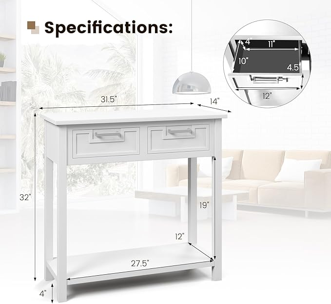 GOFLAME Small Console Table with 2 Drawers, 31” Entry Table with Storage Shelf, Modern, Narrow Sofa Table for Living Room, Hallway, Entrance (White)-NeatNest