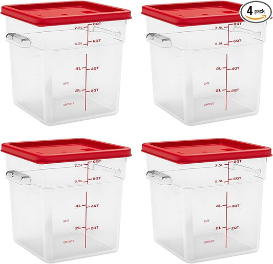 8 Quart Set of 4 Food Storage Containers Commercial Clear Square Food Storage Containers with Lids and Handles(BPA FREE)