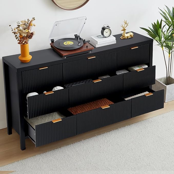 9 Drawer Dresser Cabinet, Long Nightstand with Drawers and Storage Cabinet, Solid Wood Dresser TV Stand, Mid Century Modern Nightstand with 9 Drawer Side Table for Bedroom Closet (Black)