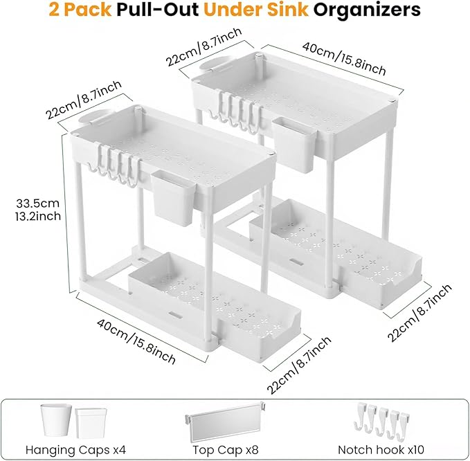 2 Pack Under Sink Organizer, 2 Tier Bathroom Organizers and Storage, Cabinet Organizer with Hook, Multi-Purpose Under Sink Organizers and Storage for Bathroom & Kitchen, Bedroom (White)-NeatNest