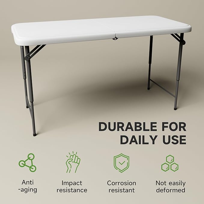 Folding Table 4 Foot - 3-Position Adjustable Height, Heavy Duty 400 lbs Capacity - Portable Tables Folding for Camping, Party, Indoor & Outdoor Use, 1 Pack-NeatNest