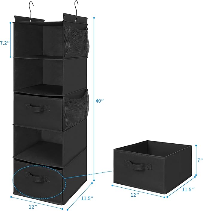 MAX Houser 5 Tier Shelf Hanging Closet Organizer, Cloth Hanging Shelf with 2 Sturdy Hooks for Storage, Foldable (Black-D2)-NeatNest