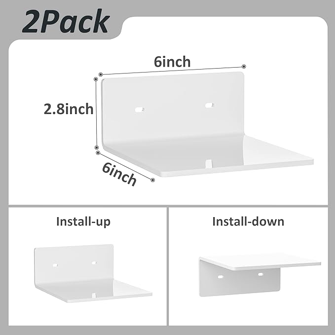 6 Inches Acrylic Small Wall Shelves 2 Pack, Floating Shelf for Wall Mounting, Acrylic Display Ledges for Funko Pop Figures, Home Décor, Living Room, Gaming Room, Plants(6 inch, White)-NeatNest