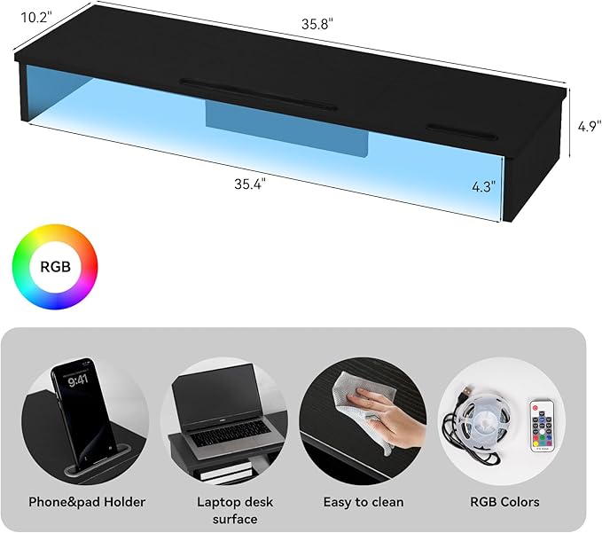 Dual Monitor Stand Riser with LED Lights and Phone Tablet Holder, 35.8in Large Monitor Stand for Desk, Computer Monitor Stand for 2 Monitors, Desktop Shelf Organizer for Laptop, Printer, TV