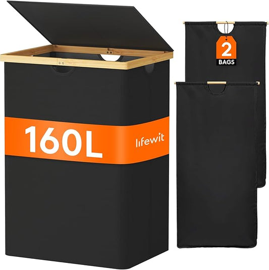 Lifewit 160L Double Laundry Hamper with Lid, Extra Large Bamboo Laundry Basket Dirty Clothes Hamper, 2 Section Laundry Bin Organizer for Laundry Room Bedroom with 2 Removable Liners & Bags, Dark Black-NeatNest