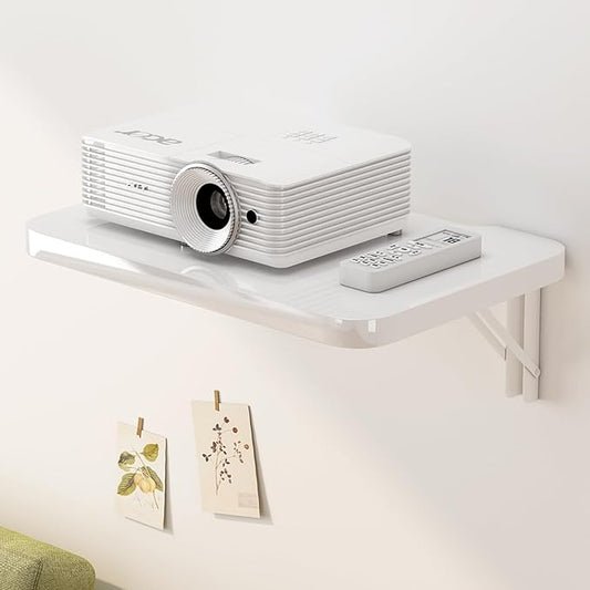 Folding Projector Shelf - Floating Entertainment Shelf - TV&Router Floating Shelves for Wall - Wooden Wall Mounted Shelves for DVD Players Cable Boxes, Holds Up to 30lbs (White, 15.7x11.8 inch)