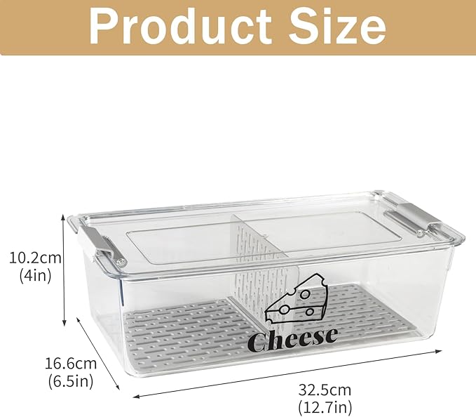 Cheese Container Airtight with Draining Basket Cream Block Cheese Sliced Cheeses Box with Lid for Fridge Shredded Saver 2 Compartment Deli Meat Storage Box,Cheeses Sliced,Grated,Cheddar Keeper-NeatNest