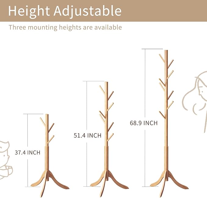 Coat Rack Freestanding, Coat Stands Entryway, Bamboo Coat Rack Hat Hanger 8 Hook for Jacket, Purse, Scarf Rack, Umbrella Tree Stand (Natural)-NeatNest