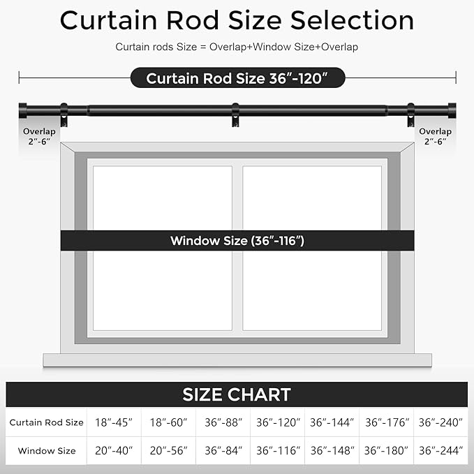 Curtain Rods for Windows 66 to 120 Inch(5.5-10 Feet),Black 1'' Diameter Drapery Rods with End Cap Style Design,Modern Adjustable Heavy Duty Curtain Rod,Size:36''-120''-NeatNest