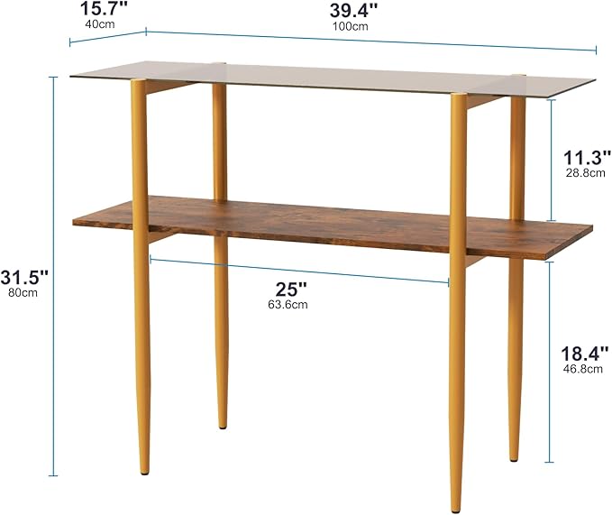 Glass Sofa Table, Mid-Century Modern Entryway Table with Tempered Glass & Golden Legs, 2-Tier Behind Couch Table for Living Room Hallway Entrance, Brown-NeatNest