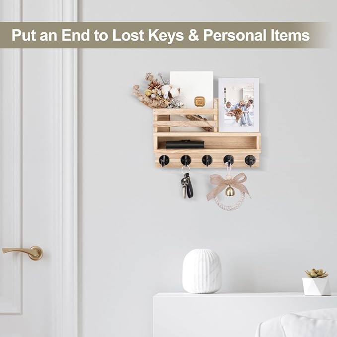 Key and Mail Holder Wall Mount, Key Hanger with Long Storage Box and 5 Hooks for Coat, Dog Leash, Home Decor Rack, House Accessories, Entry Way Organizer 11.8”W x 7.8”H x 3.2”D