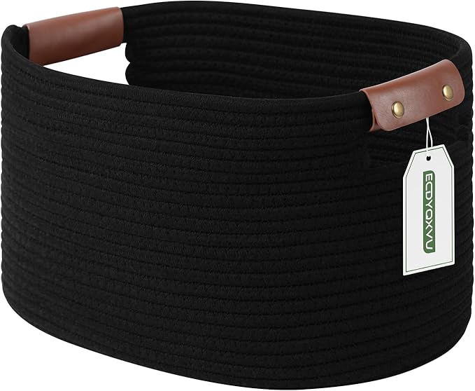 Cotton Rope Basket , Storage Baskets with Handle, 15x10x9 Inch Woven Basket for Shelves, Laundry, Towels, Clothes, Books, Toys (Black 1Pack)-NeatNest