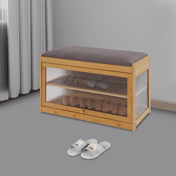 Eapmic Shoe Storage Bench, Entryway Shoe Rack Bench with Padded Seat Cushion, 2-Tier Shoe Cabinet, Bamboo Shoe Organizer for Hallway Bedroom Living Room Front Door (Burlywood, 27.56 * 12.6 * 16.53in)