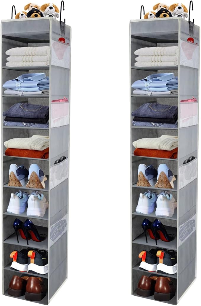 2 Pack Large-Sized Hanging Shoe Organizer 10-Shelf, Sturdy Hanging Closet Organizer with 8 Side Pockets, Wider Hanging Shelves for Storage Shoes Clothes Jeans Shirts Toys, Grey.-NeatNest