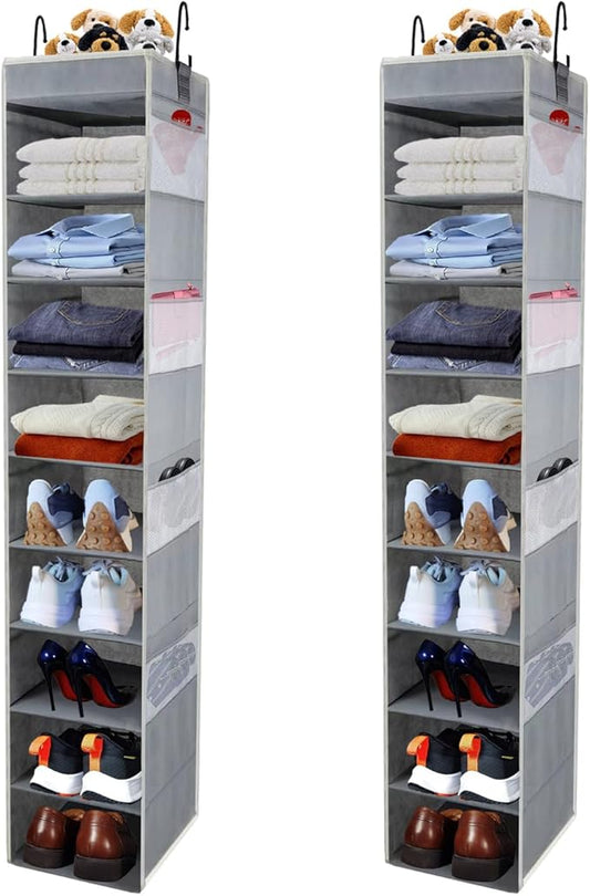 2 Pack Large-Sized Hanging Shoe Organizer 10-Shelf, Sturdy Hanging Closet Organizer with 8 Side Pockets, Wider Hanging Shelves for Storage Shoes Clothes Jeans Shirts Toys, Grey.-NeatNest