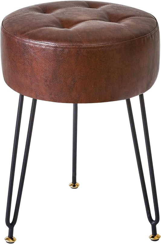 IBUYKE Faux Leather Round Footrest Stool, Makeup Vanity Stool Side Table, PU Dressing Table Seat, Pouf Couch Stool, Golden Steel Legs, Dark Brown LG-31Z