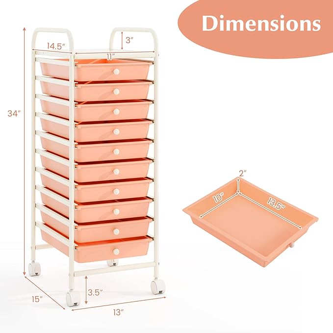 COSTWAY 10-Drawer Rolling Storage Cart, Utility Mobile Trolley with Removable Drawers & Universal Casters & 2 Brakes, Versatile Flexible Drawer Organizer Cart for Home, Office, Peach-NeatNest