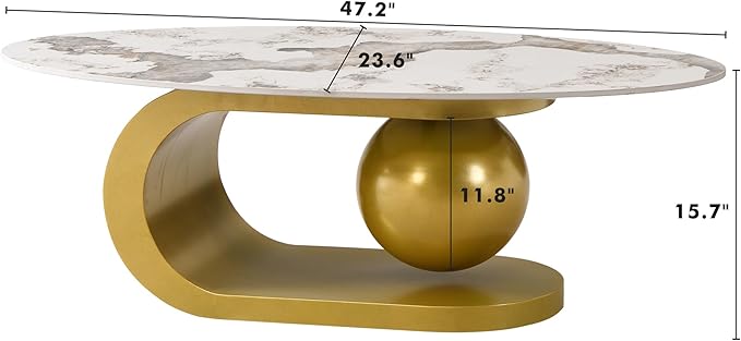 47.2" Modern Oval Coffee Table Marble Pattern Sintered Stone Tabletop Gold Stainless Steel Base End Tables Center Table Sofa Table for Living Room Office Bedroom Balcony, White & Gold