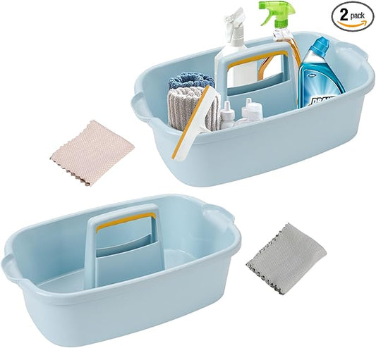 Cleaning Supplies Caddy Organizer with Handle Plastic Tool Storage Basket for Bathroom, Kitchen, Under Sink,2 Pack with 2Pack Microfiber Cleaning Cloths, Blue