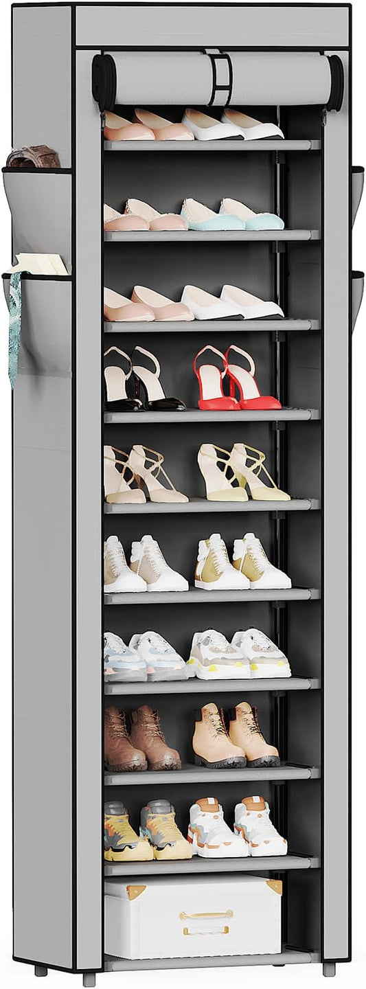 Mavivegue Shoe Rack with Cover, 10 Tier Tall Shoe Organizer for 18-22 Pairs of Shoes, Shoe Storage Organizer for Entryway, Closet, Garage, Grey-NeatNest