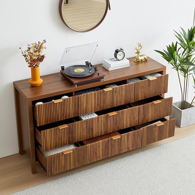 9 Drawer Dresser Cabinet, Long Nightstand with Drawers and Storage Cabinet, Farmhouse Solid Wood Dresser TV Stand, Mid Century Modern Nightstand with 9 Drawer Side Table for Bedroom Closet (Walnut)