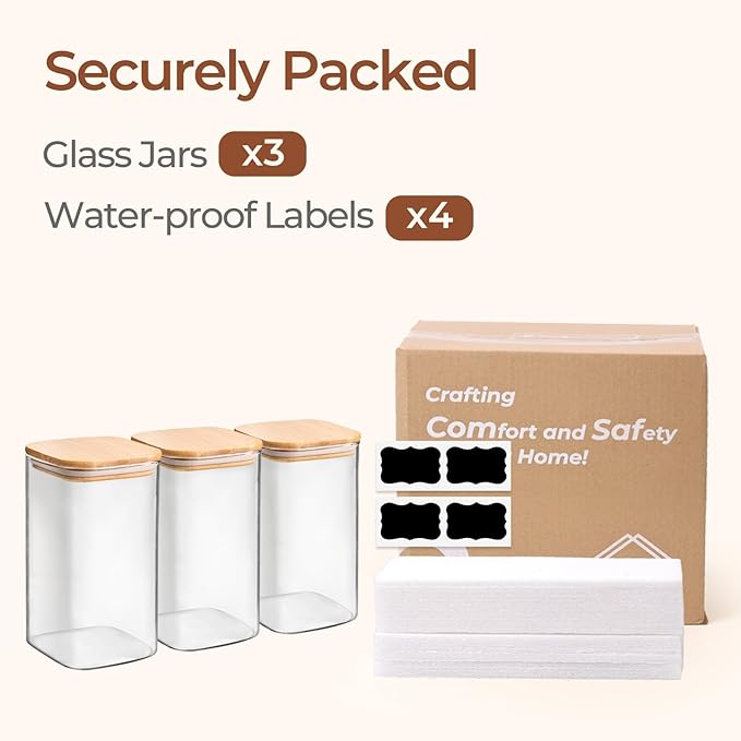 ComSaf 1.4 Qt Glass Storage Containers with Lids, Glass Jars with Lids, Clear Food Storage Jar, Square Canister Set of 3, Pantry Organizers and Storage for Flour Oat Pasta Tea Cookie Coffee Bean-NeatNest