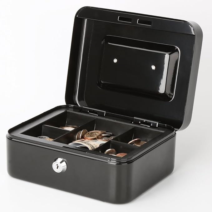 Decaller Cash Box with Money Tray, Metal Locking Money Box with Key Lock for Security, 7 4/5" x 6 4/5" x 3 3/5", Black, QH2003S-NeatNest