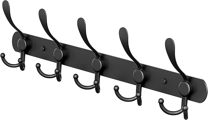 Coat Rack Wall Mount with 5 Tri Hooks, Stainless Steel 16 Inch – Black Matte Finish, Heavy Duty Wall Mounted Hook Rack for Coats, Hats, Towels, Scarfs, Robes, Bags, Entryway & Bathroom-NeatNest